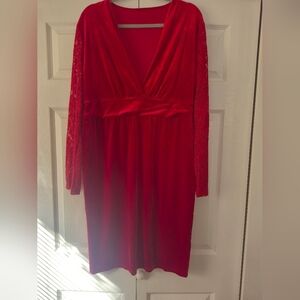 Scarlet Velveteen Dress with Lace Accents